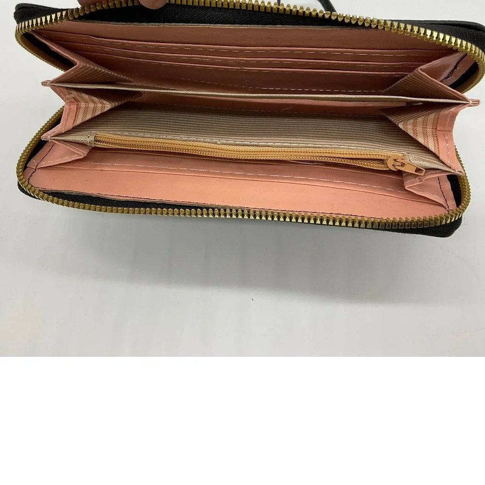 Disney Stitch Zip Around Wristlet Wallet Women Black Pink Faux Leather Travel
